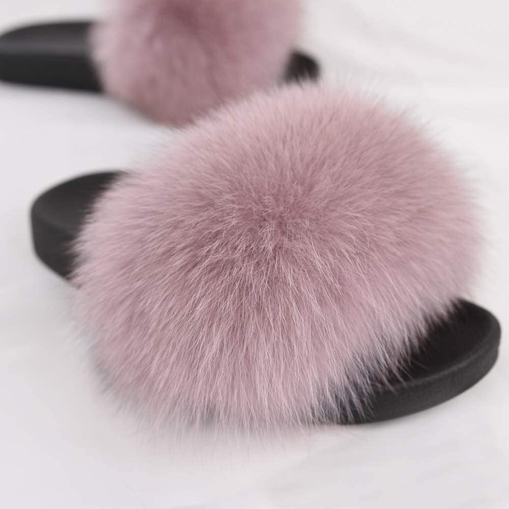 Women's Real Fox Fur Slides - Luxurious Fluffy Open Toe Flat Sandals for Outdoor Wear