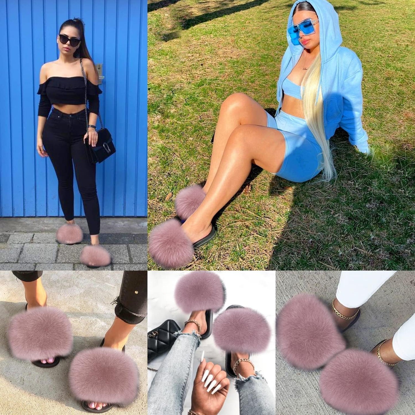 Women's Real Fox Fur Slides - Luxurious Fluffy Open Toe Flat Sandals for Outdoor Wear