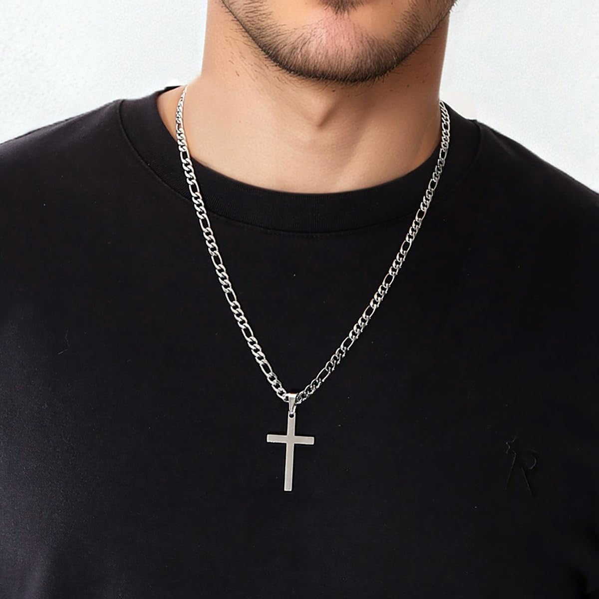 Cross Necklace for Men - Stainless Steel Silver/Gold Plain Cross Pendant Necklace Simple Jewelry Gifts, 20/22/24/26 Inches 3:1 Figaro Link Chain 4/5/6Mm Width