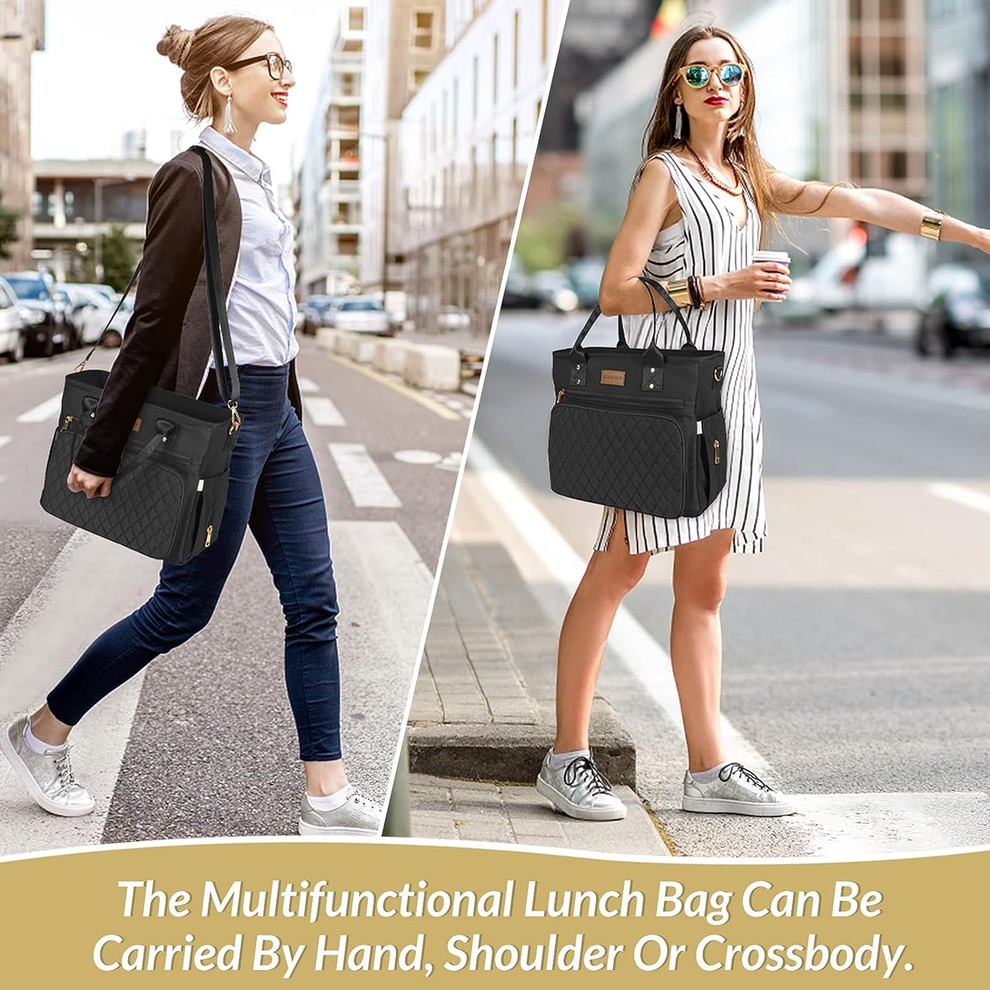Large Insulated Lunch Bag for Professionals, Women's Nylon Thermal Cooler Tote with Leakproof Design and Storage Pocket (Black)