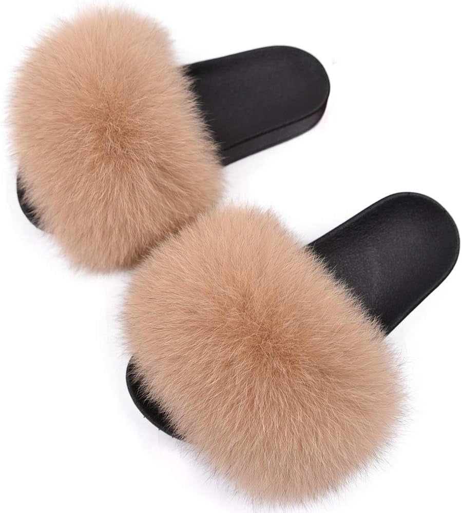 Women's Real Fox Fur Slides - Luxurious Fluffy Open Toe Flat Sandals for Outdoor Wear