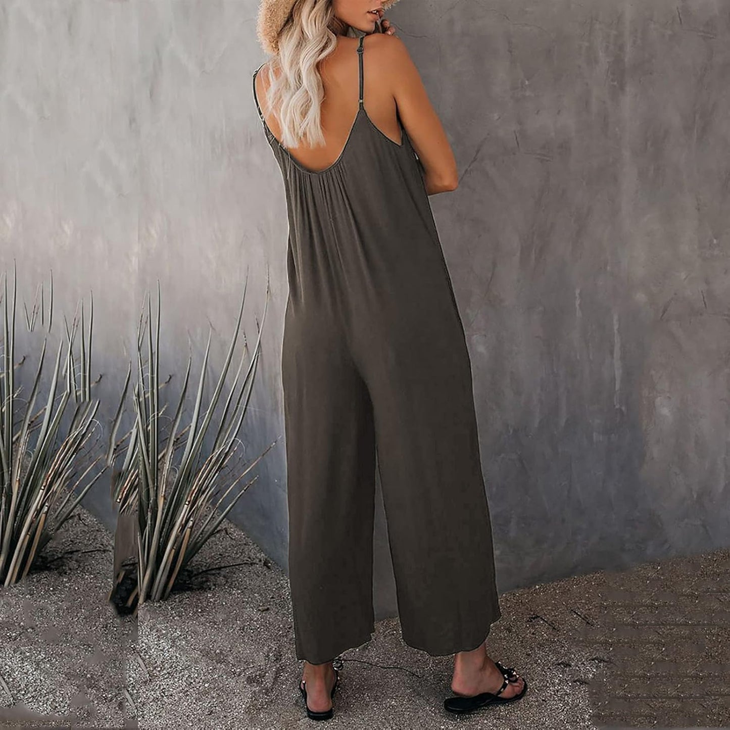 Women's Summer Cotton V-Neck Romper - Loose-Fitting Spaghetti Strap Jumpsuit with Pockets in Solid Colors