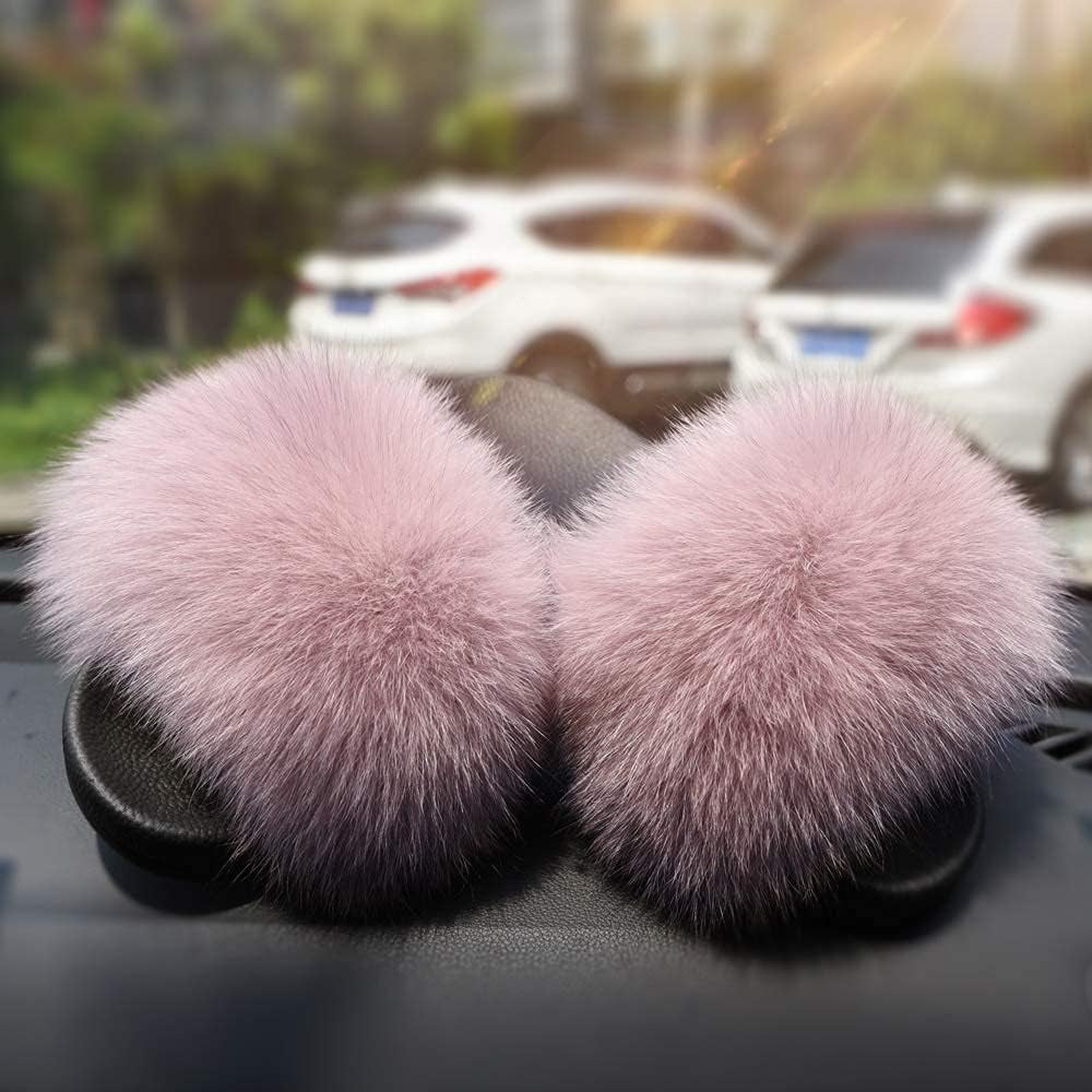 Women's Real Fox Fur Slides - Luxurious Fluffy Open Toe Flat Sandals for Outdoor Wear