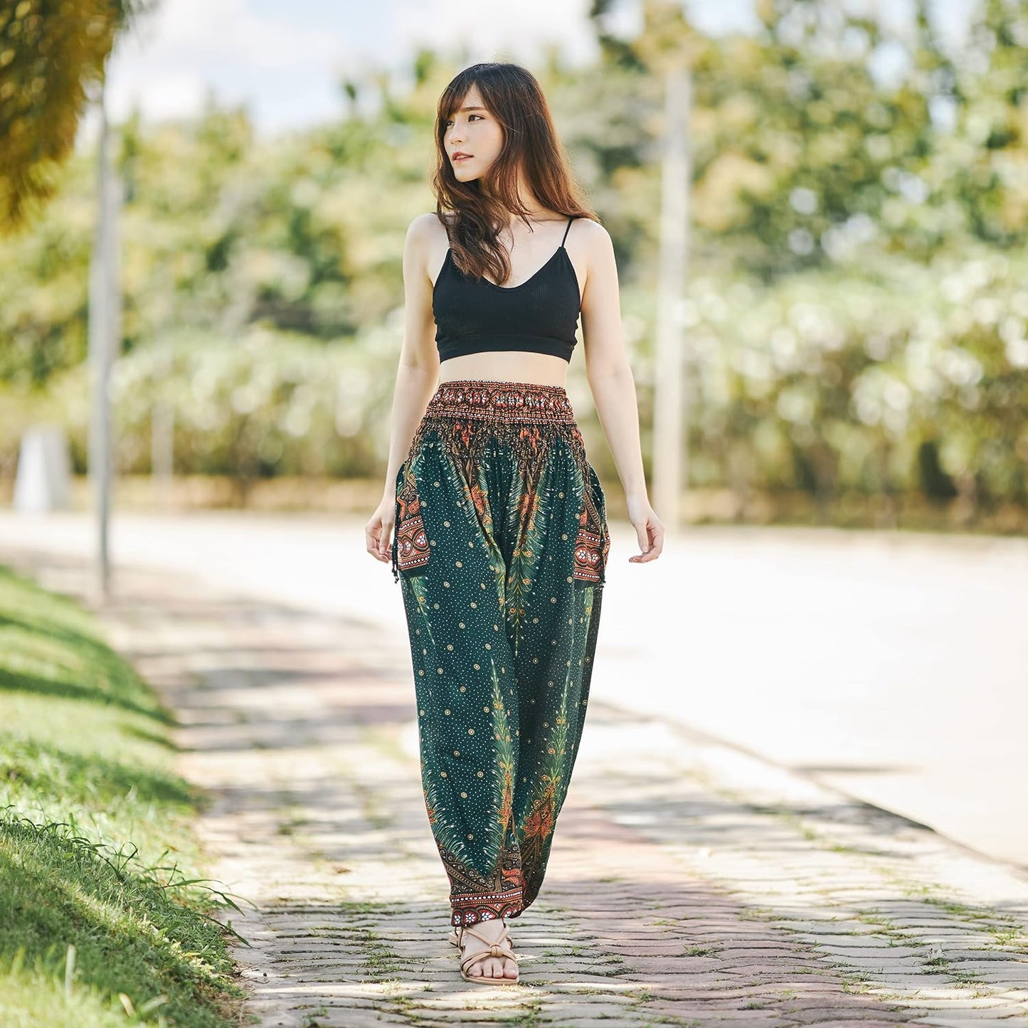 Women's Bohemian Flowy Harem Pants with Smocked Waist for Yoga and Casual Wear