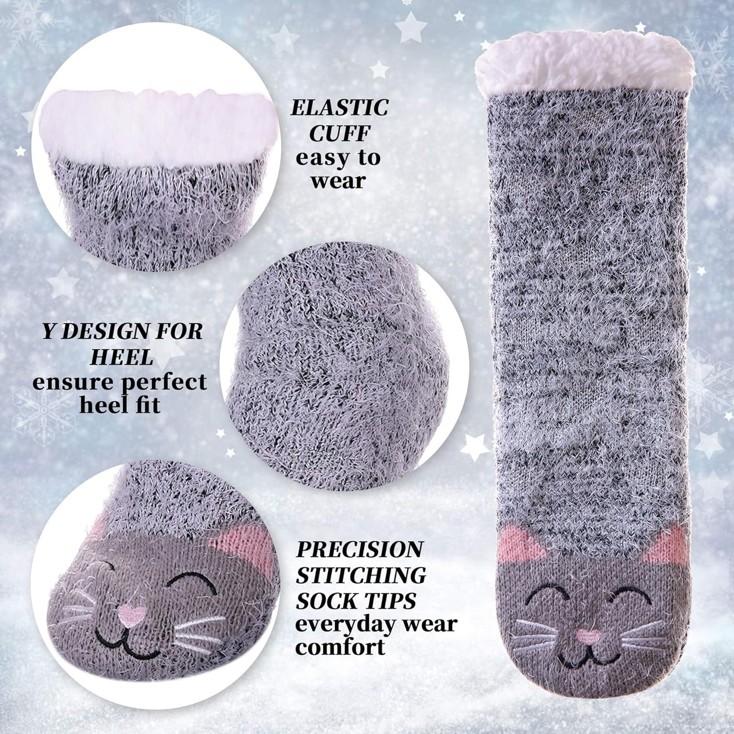 Women's Fuzzy Slipper Socks with Grippers - Winter Warmth, Thick Plush Fleece Lining, Non-Slip Animal Design