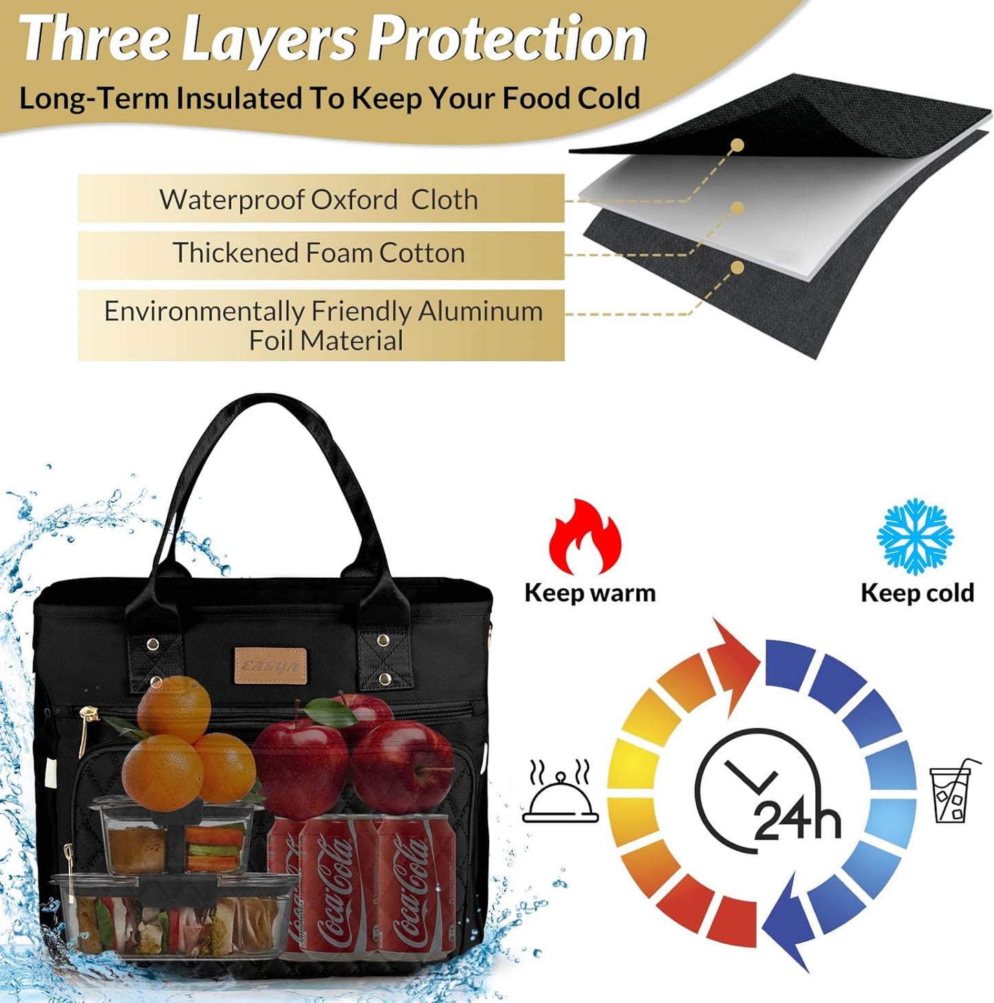 Large Insulated Lunch Bag for Professionals, Women's Nylon Thermal Cooler Tote with Leakproof Design and Storage Pocket (Black)