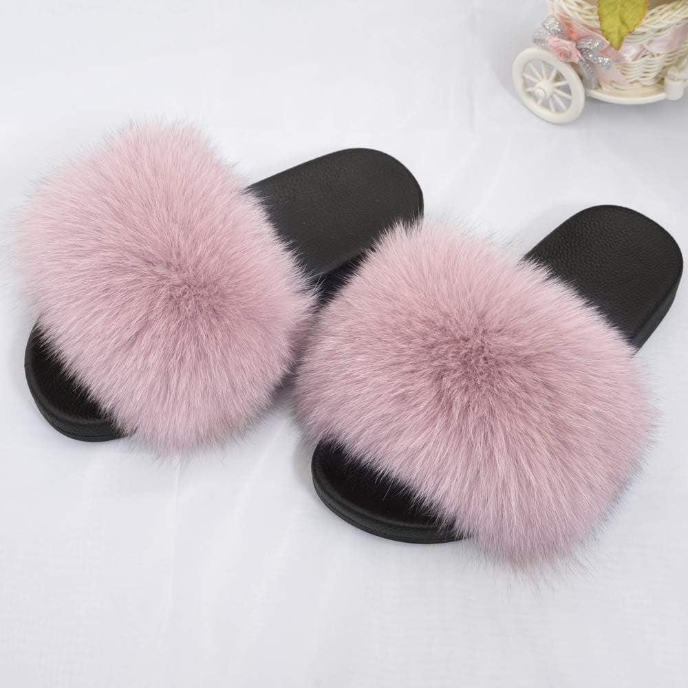 Women's Real Fox Fur Slides - Luxurious Fluffy Open Toe Flat Sandals for Outdoor Wear