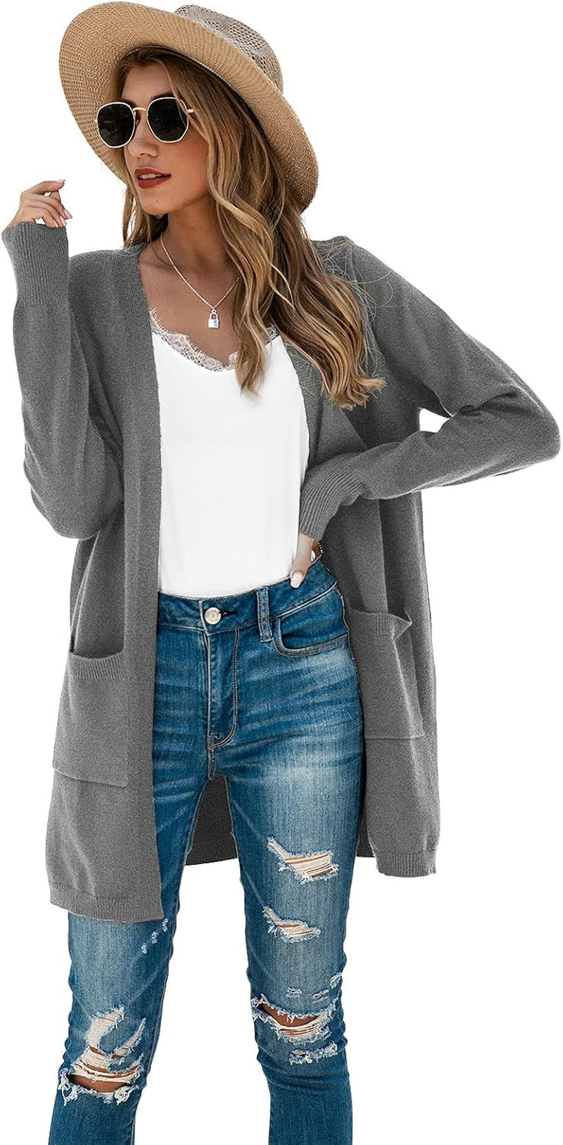 Women's Oversized Kimono Cardigan - Long Sleeve Open Front Casual Knit Sweater Coat with Pockets
