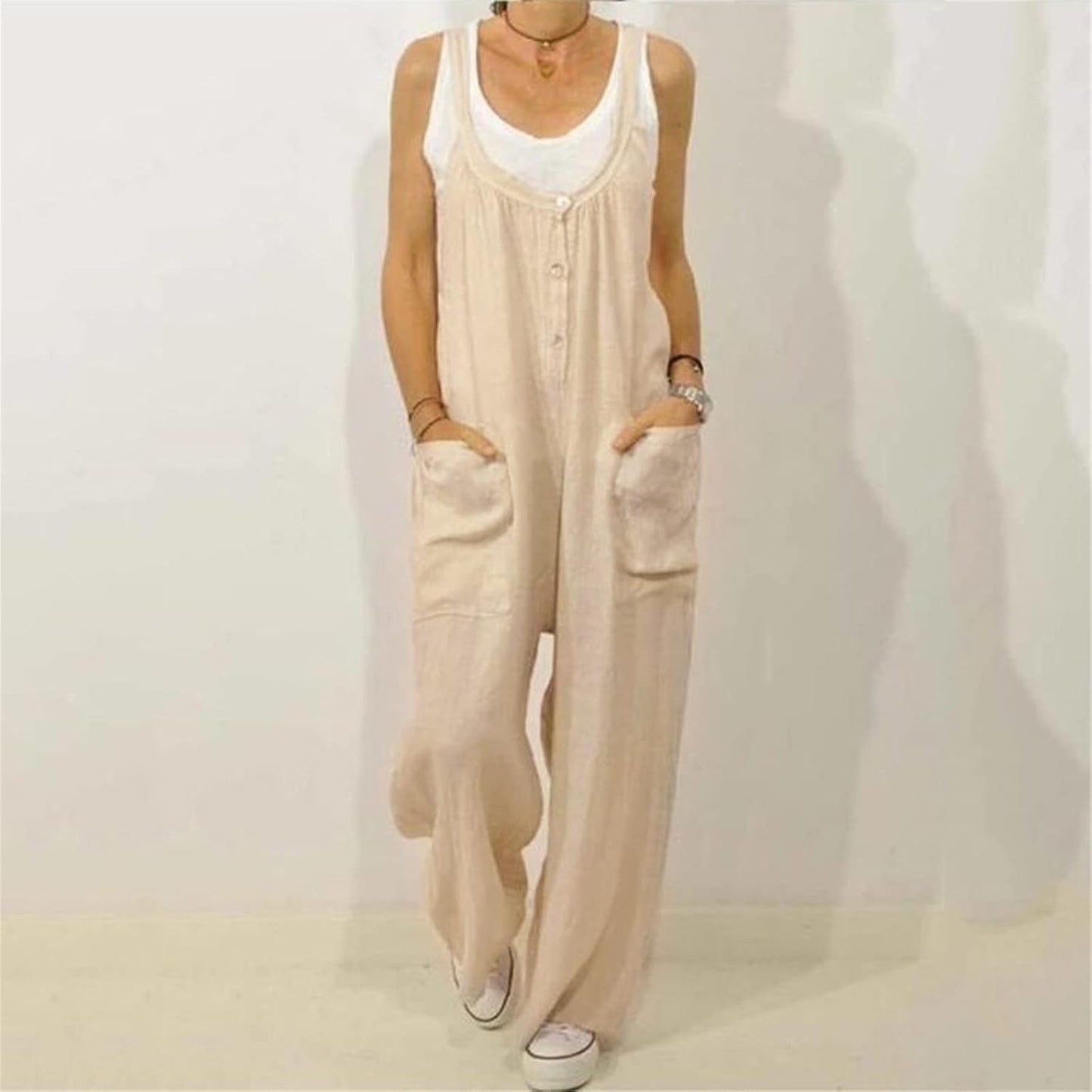 Women's Casual Cotton Jumpsuits - Baggy Overalls with Wide Leg Design and U-Neck for Summer Wear