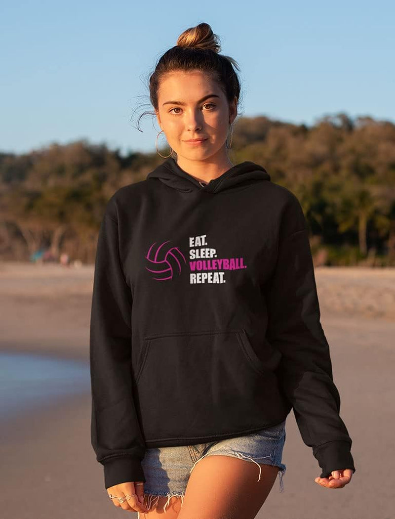 Eat Sleep Volleyball Repeat Hoodie - Humorous Athletic Hoodie for Teen Girls and Women - Ideal Gift for Players and Fans in Medium Black