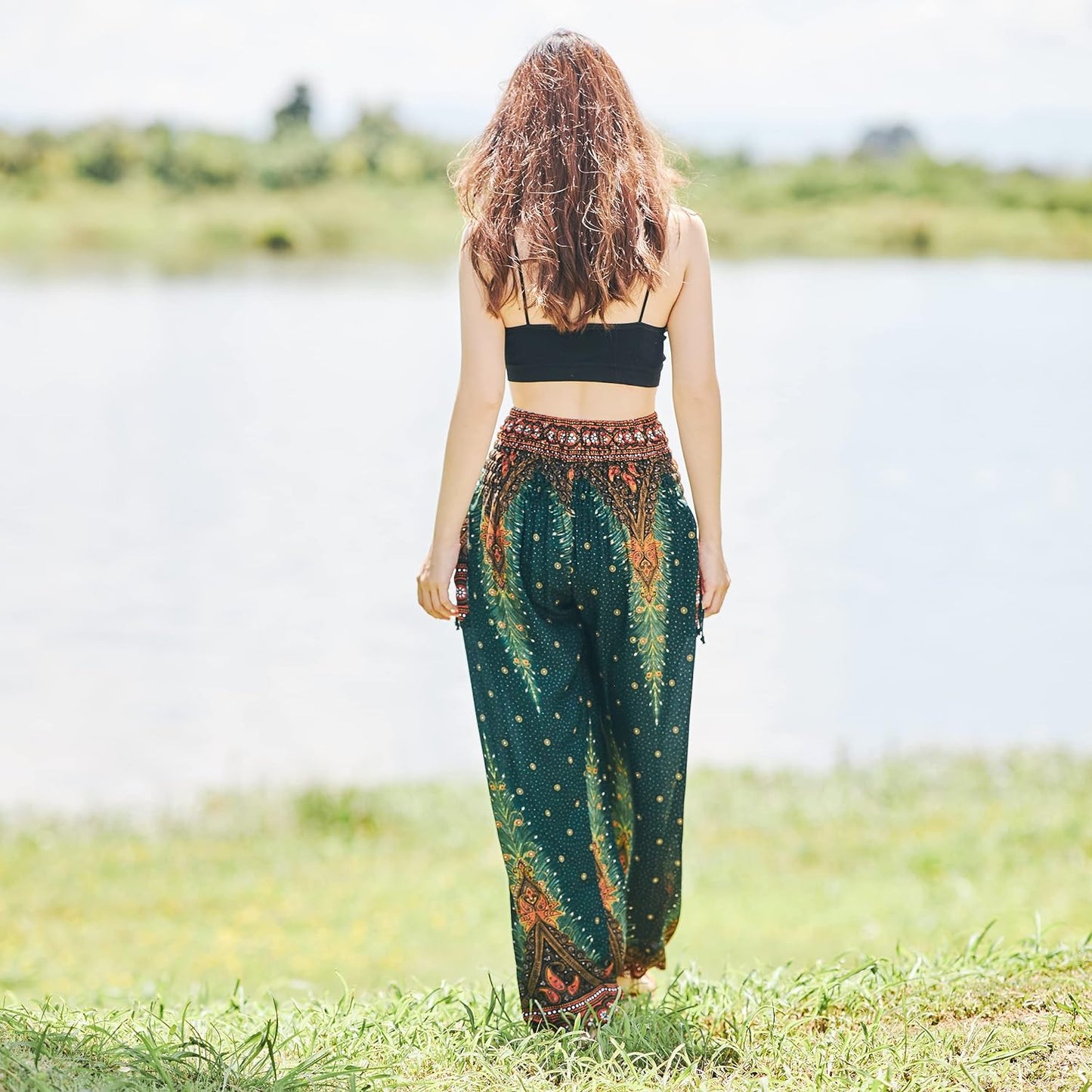 Women's Bohemian Flowy Harem Pants with Smocked Waist for Yoga and Casual Wear