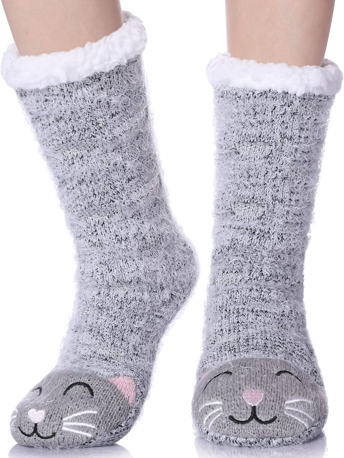 Women's Fuzzy Slipper Socks with Grippers - Winter Warmth, Thick Plush Fleece Lining, Non-Slip Animal Design