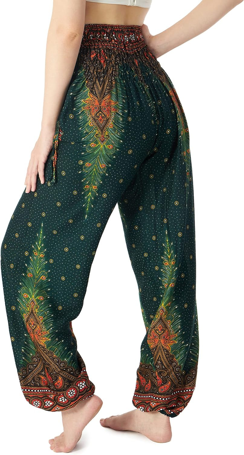 Women's Bohemian Flowy Harem Pants with Smocked Waist for Yoga and Casual Wear