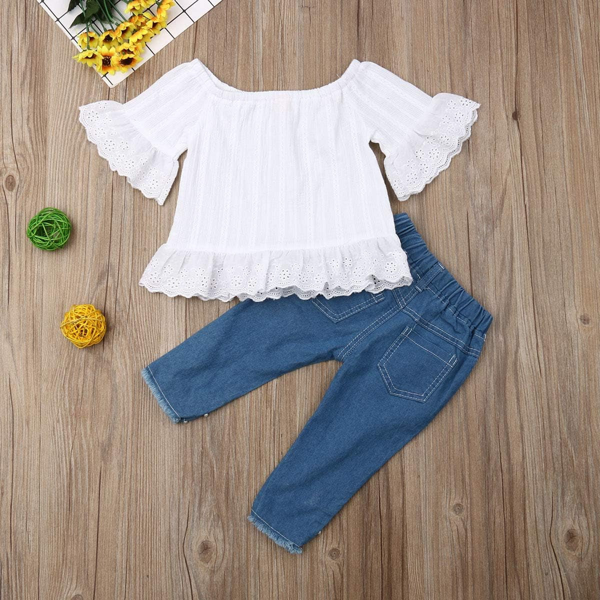 Toddler Kids Clothing Baby Girls Vest Tank Top Ripped Denim Shorts Skirts Outfits Clothes Set (2-3 Years, White)