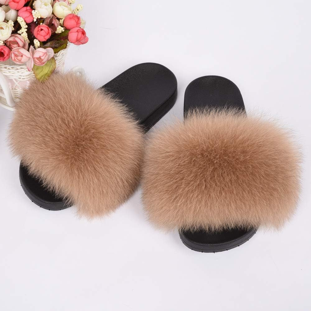 Women's Real Fox Fur Slides - Luxurious Fluffy Open Toe Flat Sandals for Outdoor Wear