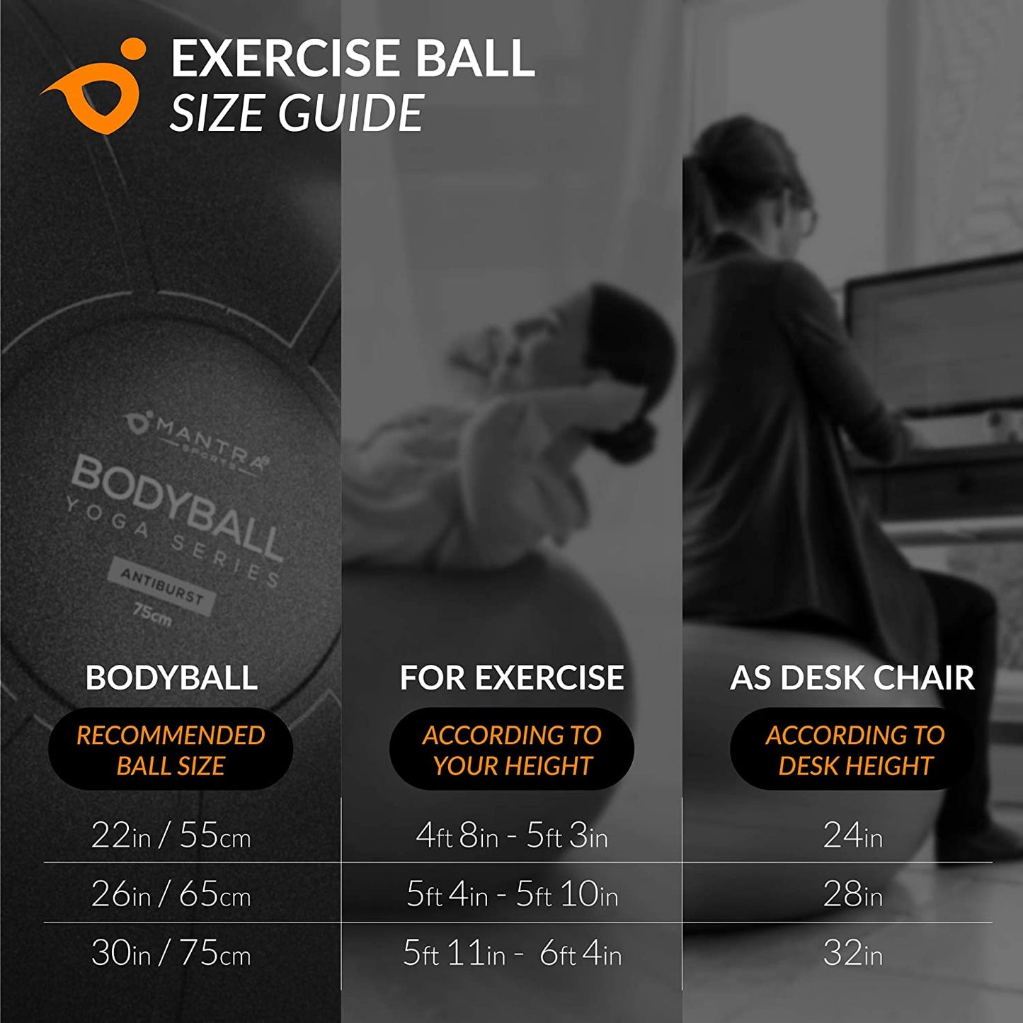 Professional Exercise Ball Chair for Fitness, Stability, Pilates, Pregnancy, and Therapy - Available in 55Cm, 65Cm, and 75Cm - Extra Thick, Anti-Burst, Non-Slip Gym Quality Balance Ball with Pump and Guide