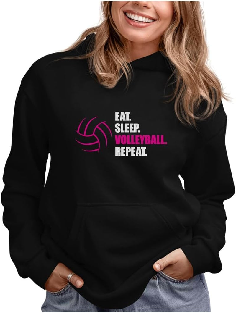 Eat Sleep Volleyball Repeat Hoodie - Humorous Athletic Hoodie for Teen Girls and Women - Ideal Gift for Players and Fans in Medium Black