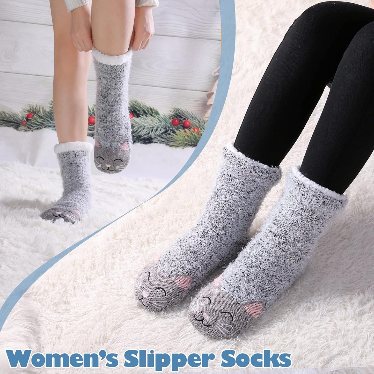 Women's Fuzzy Slipper Socks with Grippers - Winter Warmth, Thick Plush Fleece Lining, Non-Slip Animal Design