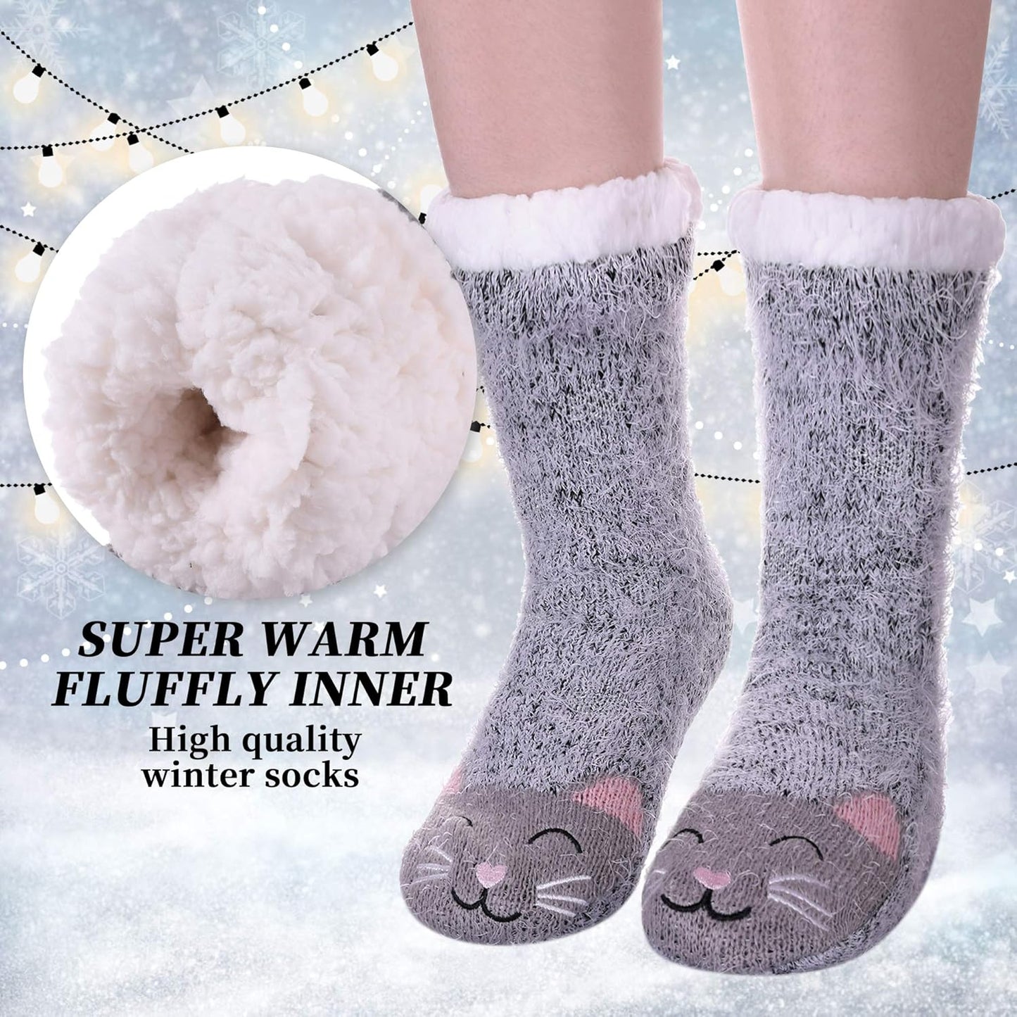 Women's Fuzzy Slipper Socks with Grippers - Winter Warmth, Thick Plush Fleece Lining, Non-Slip Animal Design