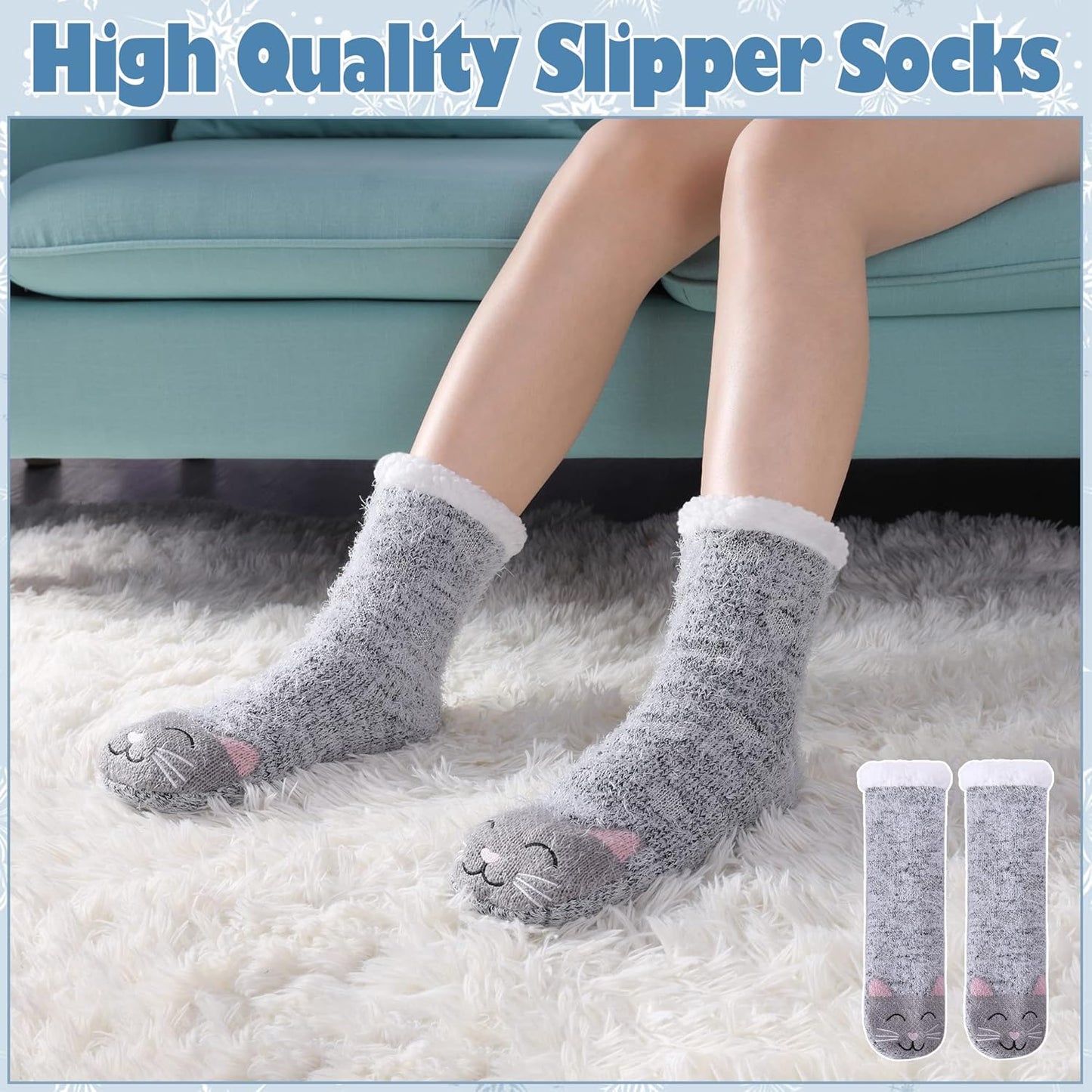 Women's Fuzzy Slipper Socks with Grippers - Winter Warmth, Thick Plush Fleece Lining, Non-Slip Animal Design