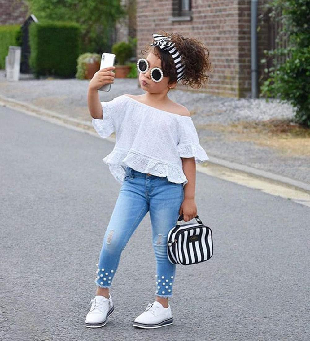 Toddler Kids Clothing Baby Girls Vest Tank Top Ripped Denim Shorts Skirts Outfits Clothes Set (2-3 Years, White)
