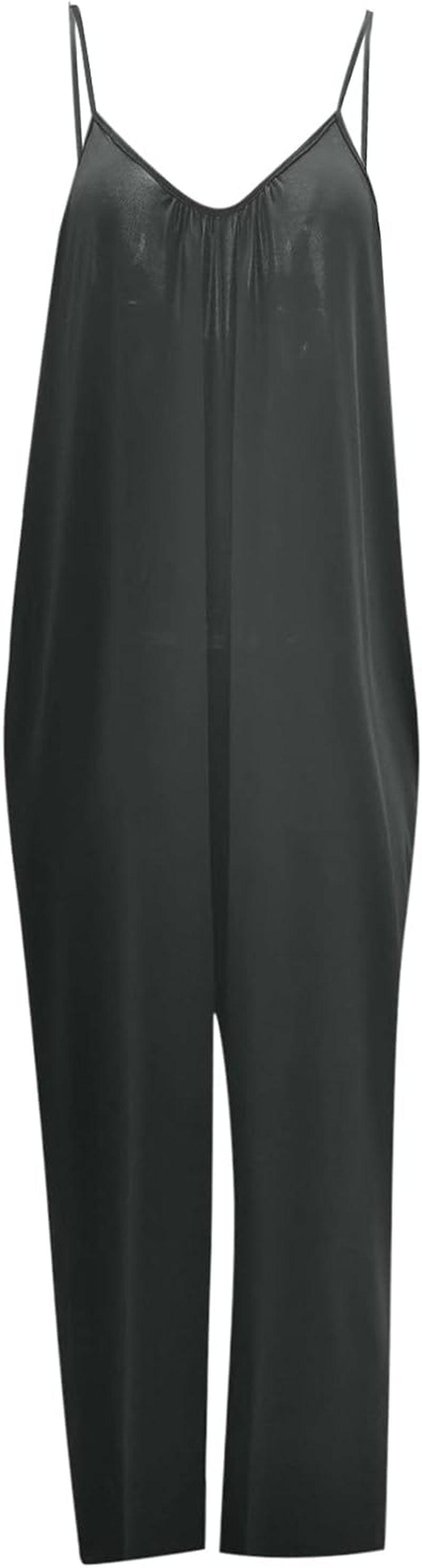 Women's Summer Cotton V-Neck Romper - Loose-Fitting Spaghetti Strap Jumpsuit with Pockets in Solid Colors