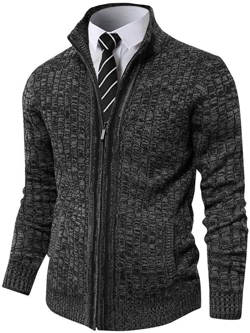 Men's Slim Fit Cardigan Sweater with Full Zip, Stand Collar, and Dual Front Pockets