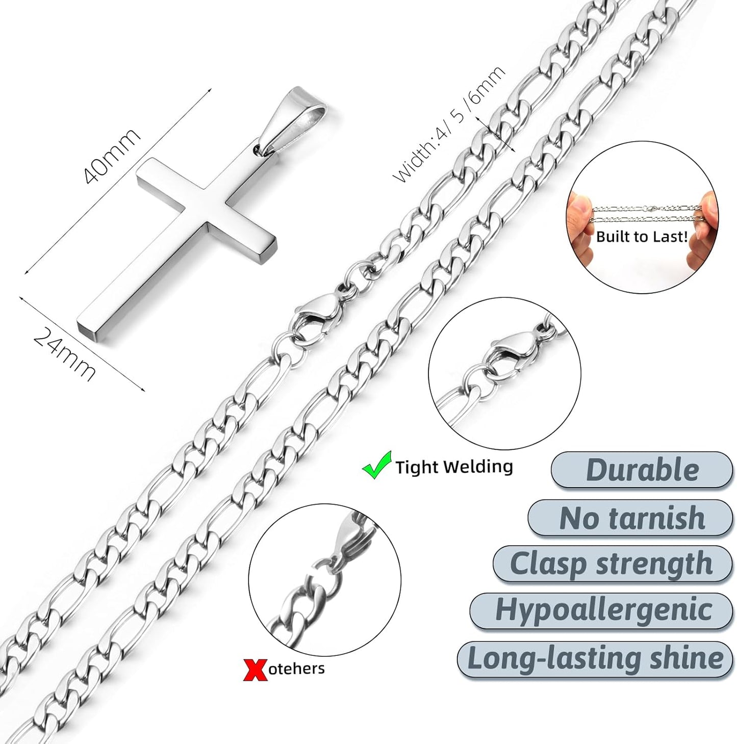 Cross Necklace for Men - Stainless Steel Silver/Gold Plain Cross Pendant Necklace Simple Jewelry Gifts, 20/22/24/26 Inches 3:1 Figaro Link Chain 4/5/6Mm Width