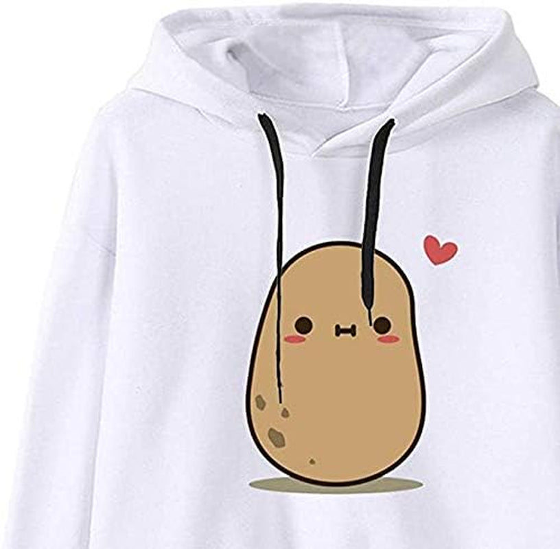 Teen Girls' White Potato Hooded Sweatshirt - Women's Long Sleeve Cute Pullover Top (Small)