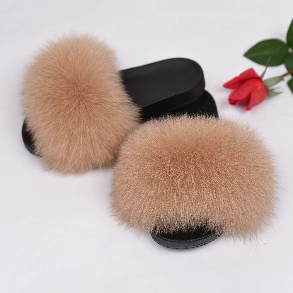 Women's Real Fox Fur Slides - Luxurious Fluffy Open Toe Flat Sandals for Outdoor Wear
