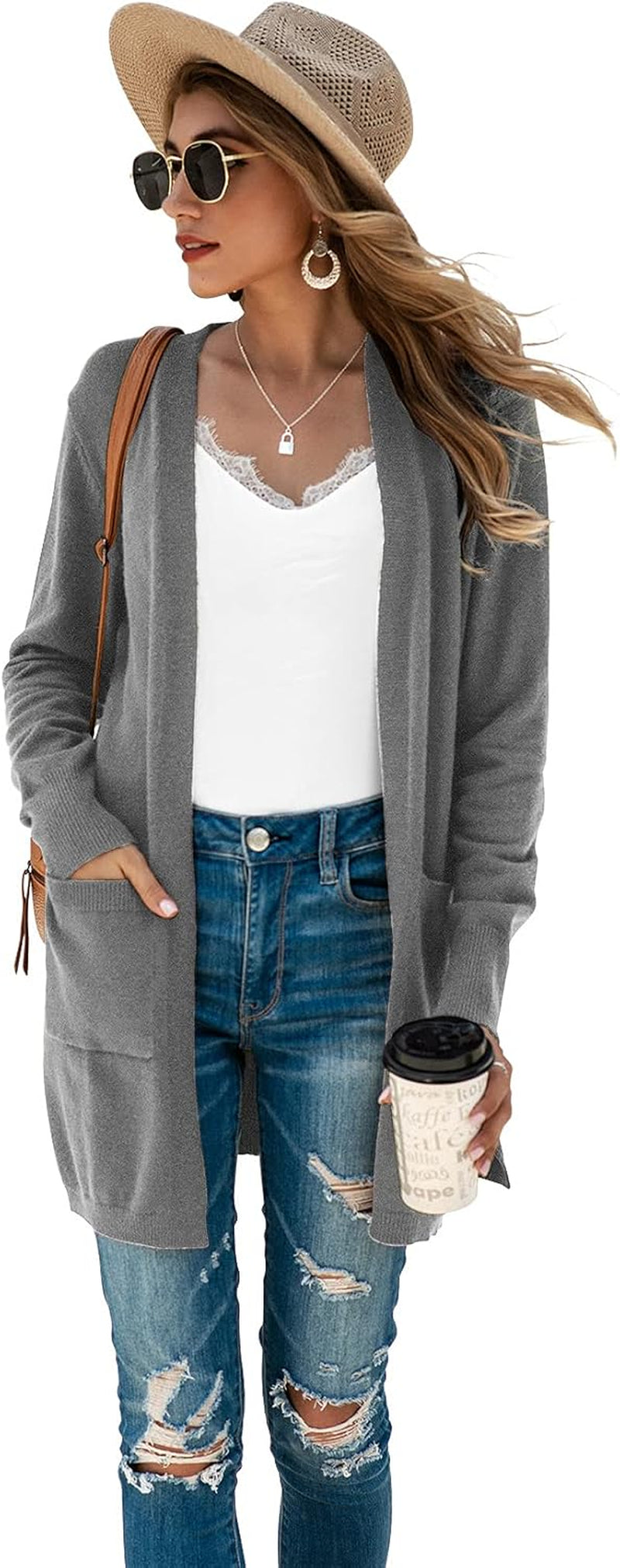 Women's Oversized Kimono Cardigan - Long Sleeve Open Front Casual Knit Sweater Coat with Pockets