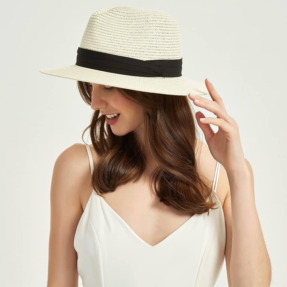 Women's Panama Straw Hat - Summer Beach Wide Brim Fedora with UPF 50+ Protection (C01-Brown)