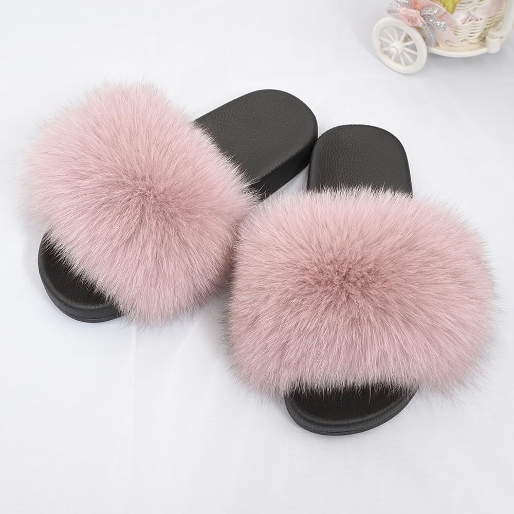 Women's Real Fox Fur Slides - Luxurious Fluffy Open Toe Flat Sandals for Outdoor Wear
