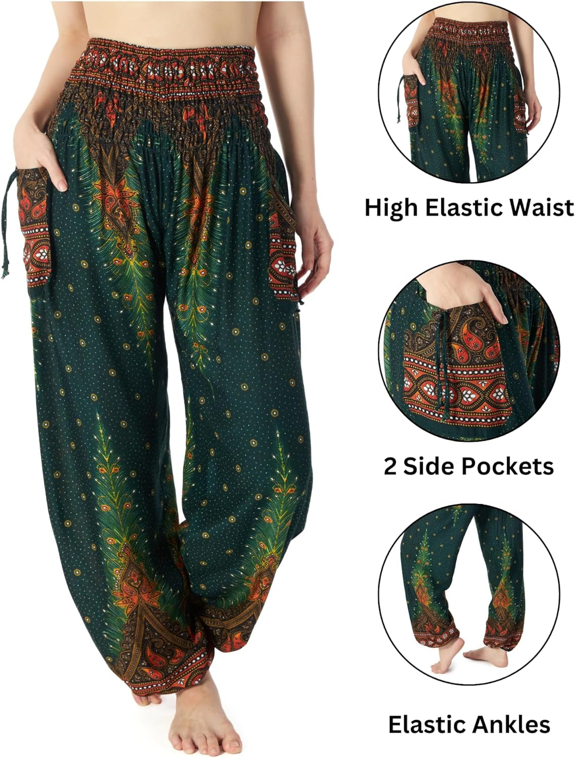 Women's Bohemian Flowy Harem Pants with Smocked Waist for Yoga and Casual Wear