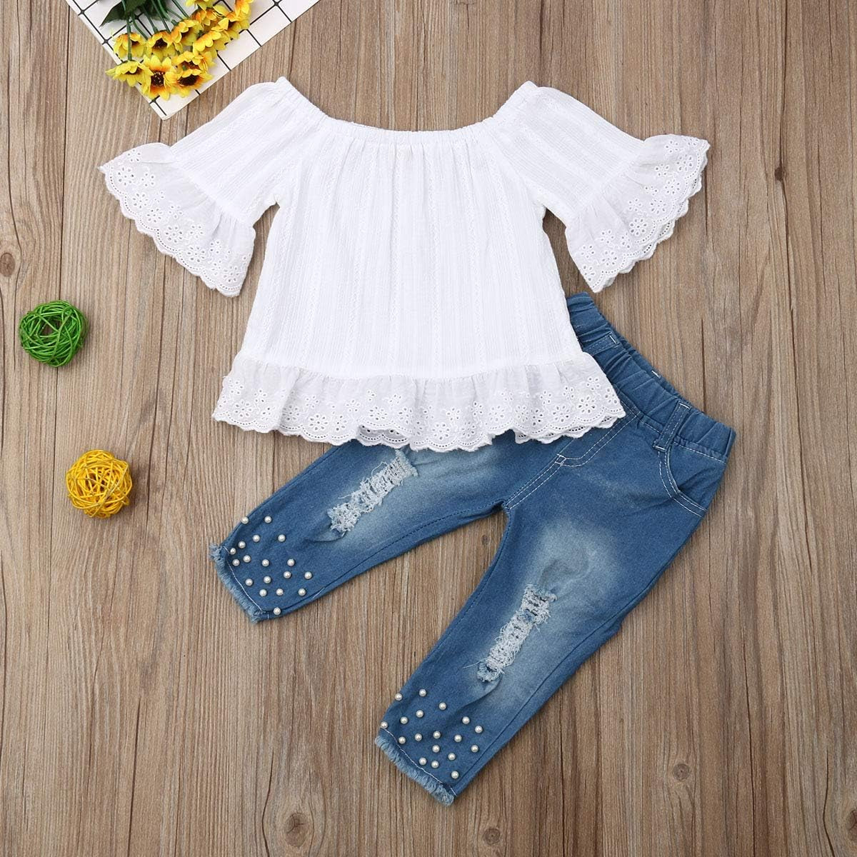 Toddler Kids Clothing Baby Girls Vest Tank Top Ripped Denim Shorts Skirts Outfits Clothes Set (2-3 Years, White)