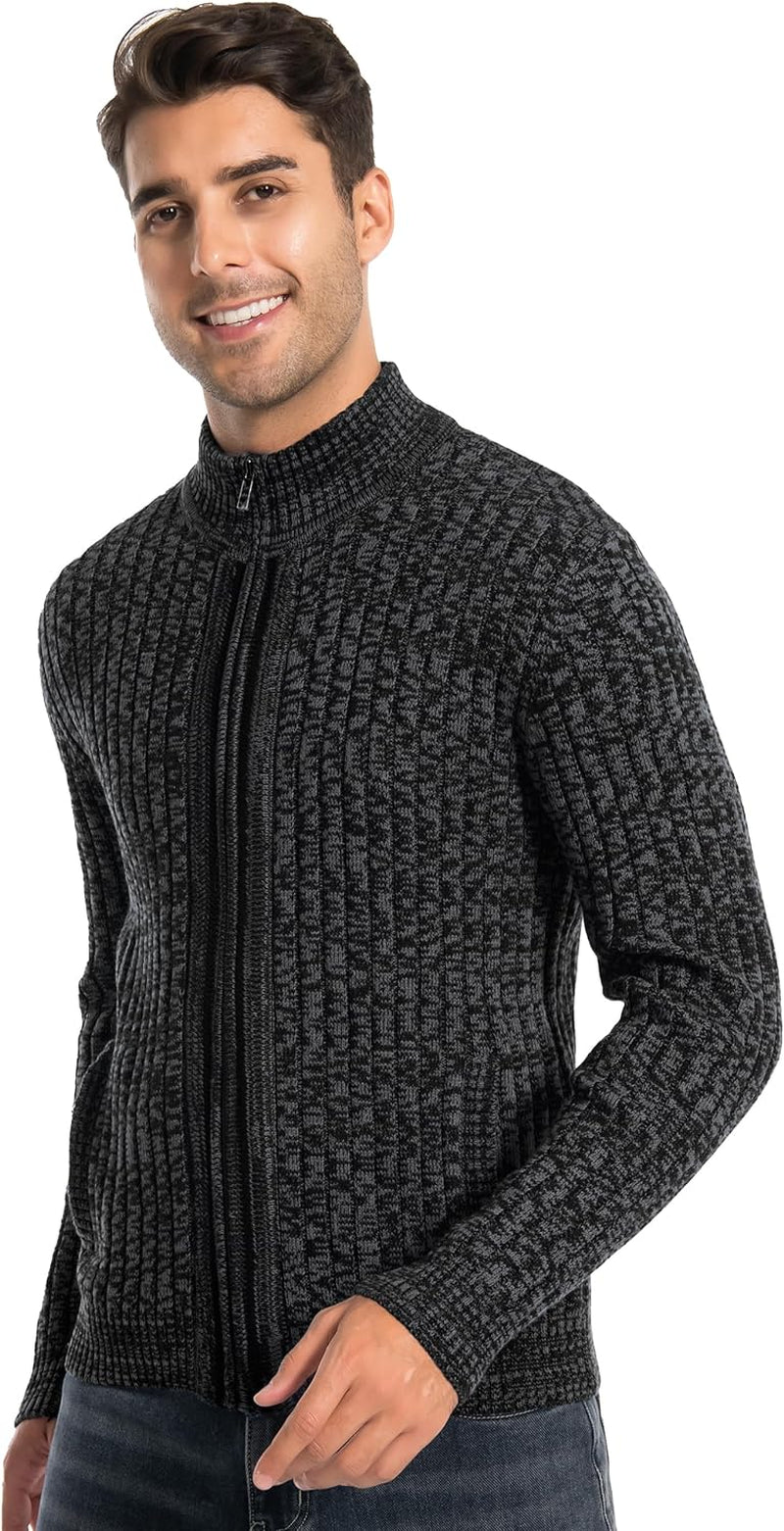 Men's Slim Fit Cardigan Sweater with Full Zip, Stand Collar, and Dual Front Pockets