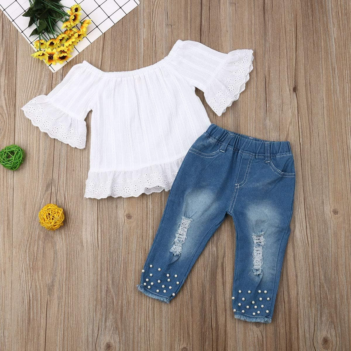 Toddler Kids Clothing Baby Girls Vest Tank Top Ripped Denim Shorts Skirts Outfits Clothes Set (2-3 Years, White)