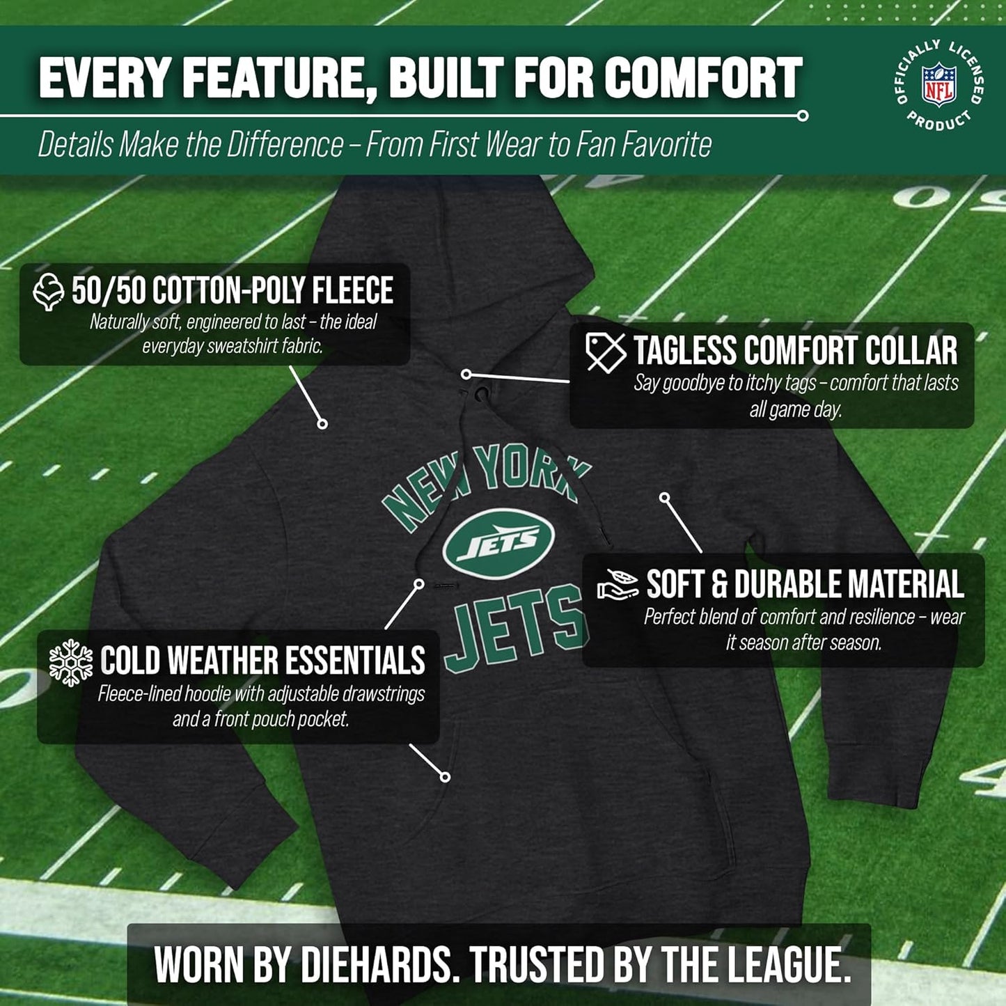 NFL Adult Gameday Hooded Sweatshirt - Premium Poly Fleece Cotton Blend for Warmth and Team Representation