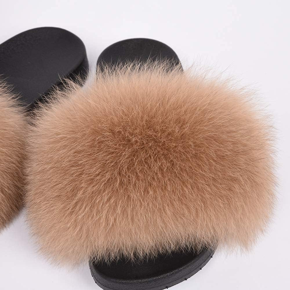 Women's Real Fox Fur Slides - Luxurious Fluffy Open Toe Flat Sandals for Outdoor Wear