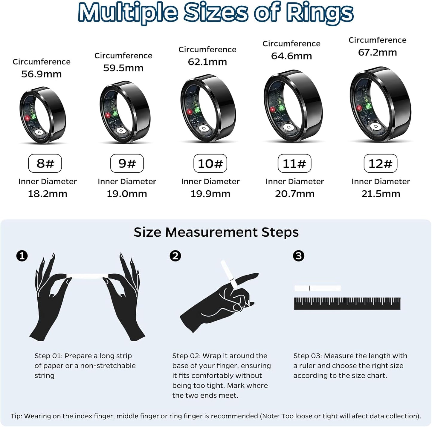 Smart Health Tracking Ring with Sleep Monitoring, Heart Rate Sensor, Waterproof Design, Activity Tracking (Steps, Distance, Calories), Air Gesture Control, 7-Day Battery Life, Compatible with iOS and Android (Black, Size 10)