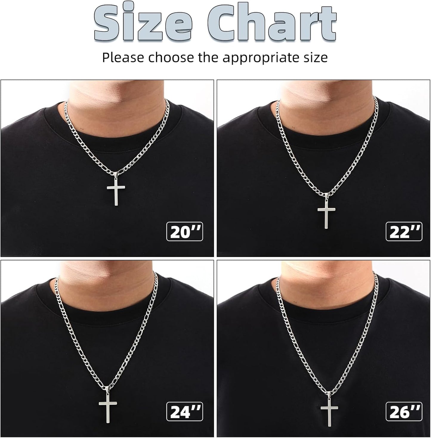 Cross Necklace for Men - Stainless Steel Silver/Gold Plain Cross Pendant Necklace Simple Jewelry Gifts, 20/22/24/26 Inches 3:1 Figaro Link Chain 4/5/6Mm Width