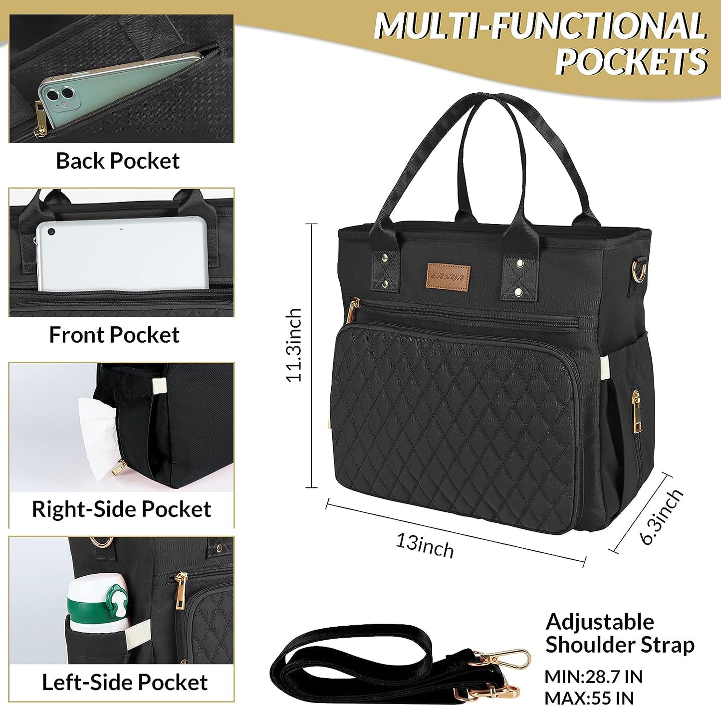 Large Insulated Lunch Bag for Professionals, Women's Nylon Thermal Cooler Tote with Leakproof Design and Storage Pocket (Black)