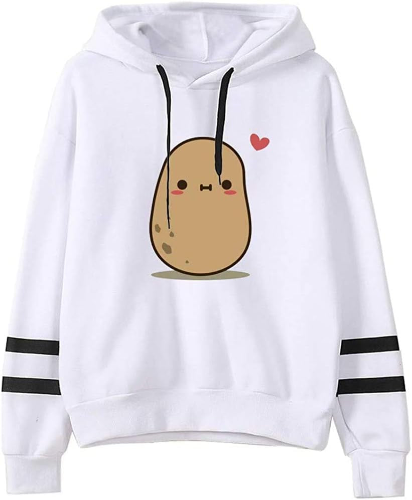 Teen Girls' White Potato Hooded Sweatshirt - Women's Long Sleeve Cute Pullover Top (Small)