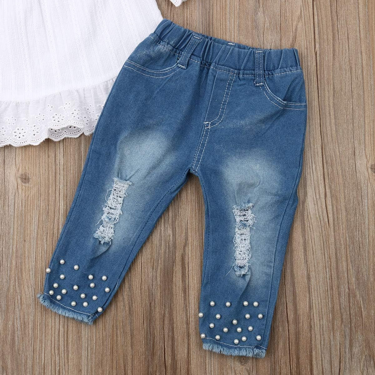 Toddler Kids Clothing Baby Girls Vest Tank Top Ripped Denim Shorts Skirts Outfits Clothes Set (2-3 Years, White)