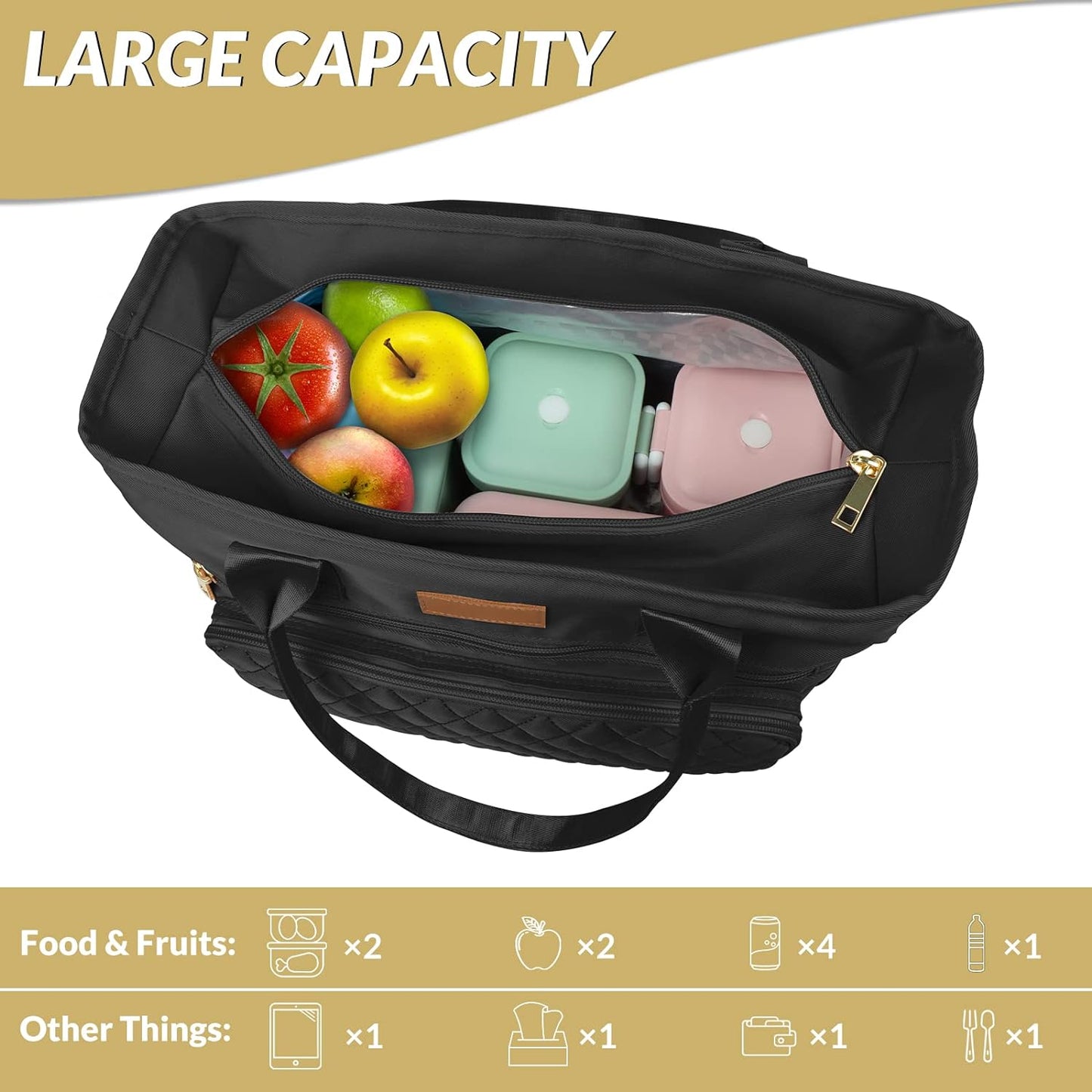 Large Insulated Lunch Bag for Professionals, Women's Nylon Thermal Cooler Tote with Leakproof Design and Storage Pocket (Black)