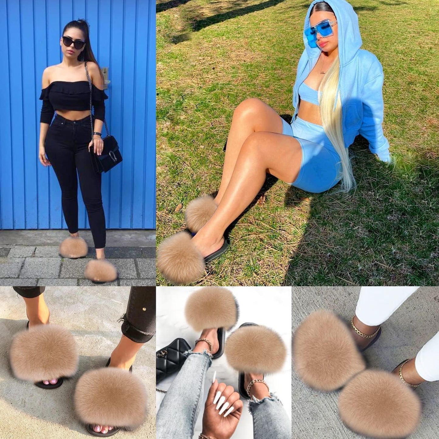 Women's Real Fox Fur Slides - Luxurious Fluffy Open Toe Flat Sandals for Outdoor Wear
