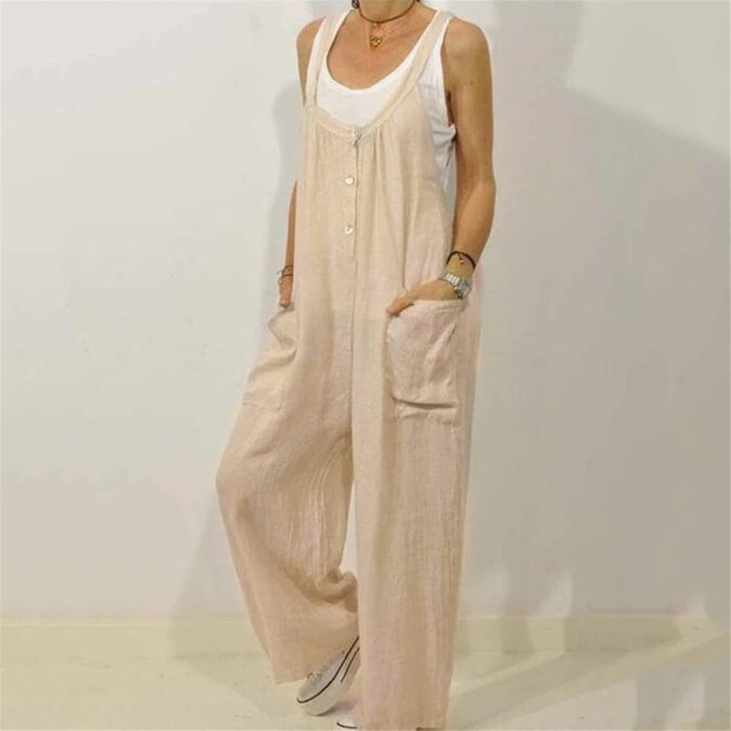 Women's Casual Cotton Jumpsuits - Baggy Overalls with Wide Leg Design and U-Neck for Summer Wear