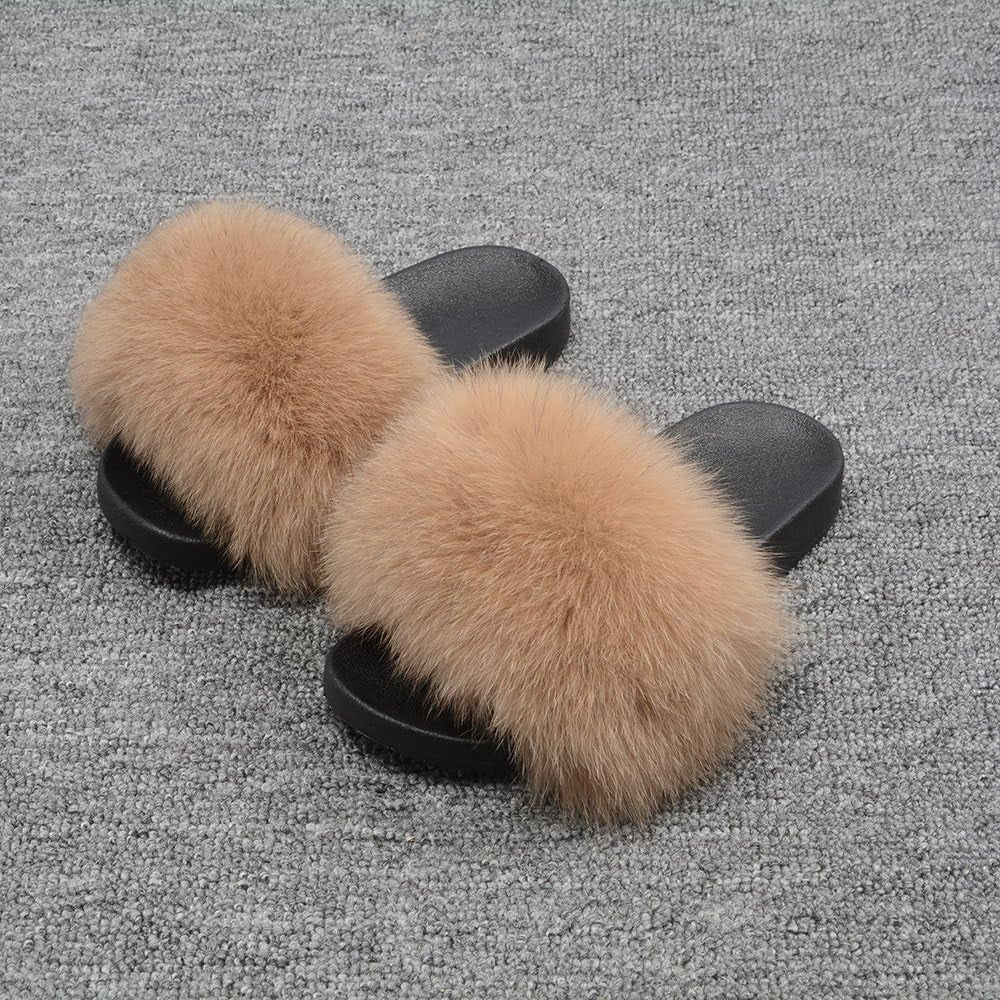 Women's Real Fox Fur Slides - Luxurious Fluffy Open Toe Flat Sandals for Outdoor Wear