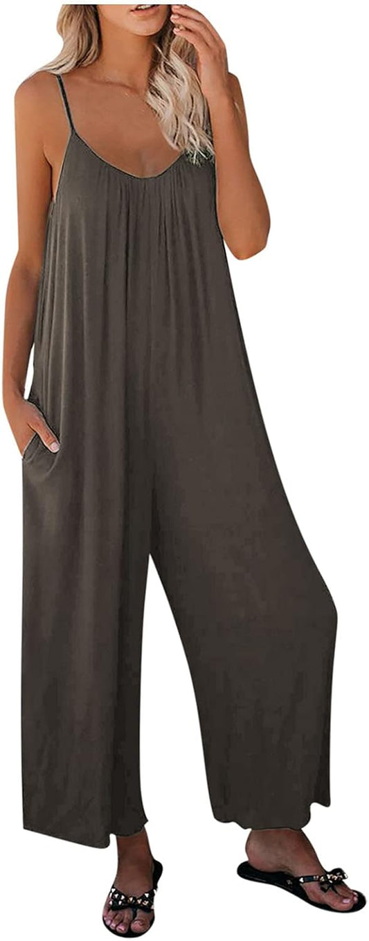 Women's Summer Cotton V-Neck Romper - Loose-Fitting Spaghetti Strap Jumpsuit with Pockets in Solid Colors