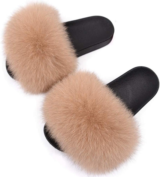 Women's Real Fox Fur Slides - Luxurious Fluffy Open Toe Flat Sandals for Outdoor Wear